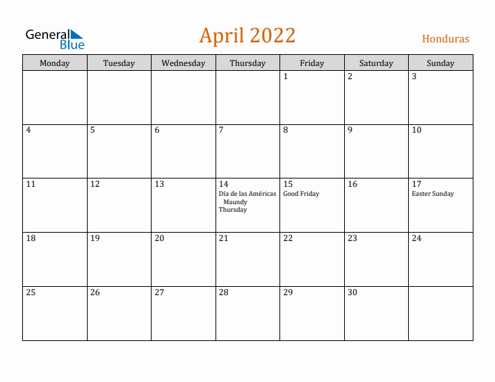 April 2022 Holiday Calendar with Monday Start