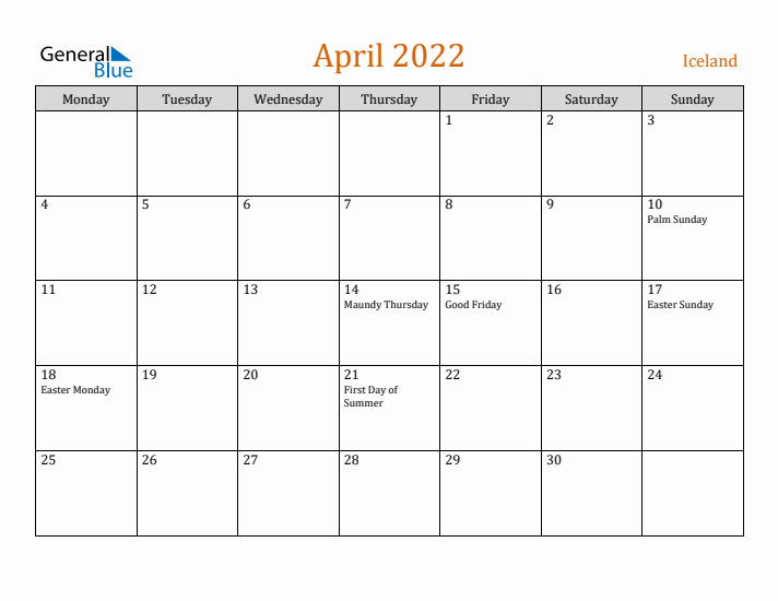 April 2022 Holiday Calendar with Monday Start