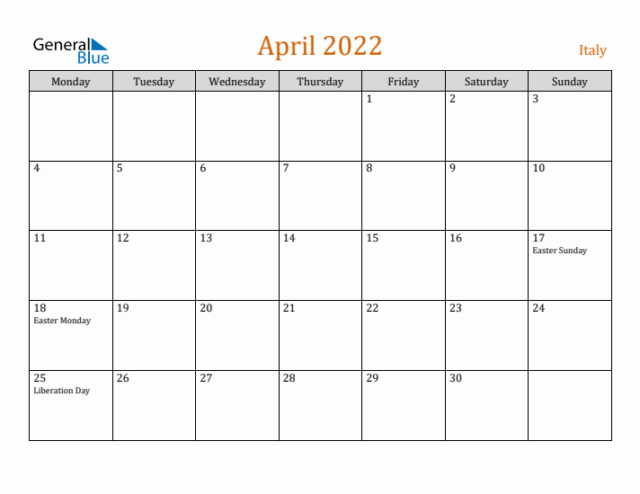 April 2022 Holiday Calendar with Monday Start