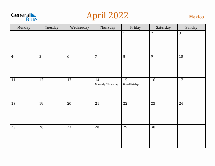 April 2022 Holiday Calendar with Monday Start