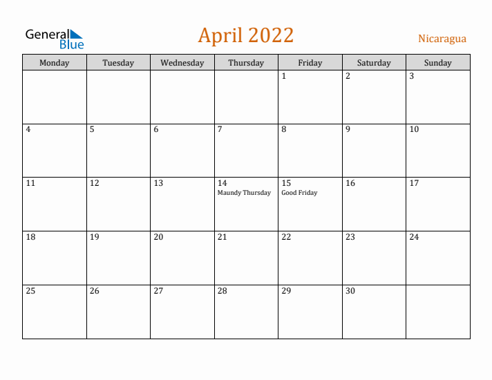 April 2022 Holiday Calendar with Monday Start