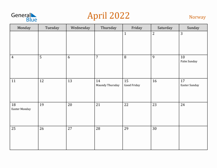 April 2022 Holiday Calendar with Monday Start