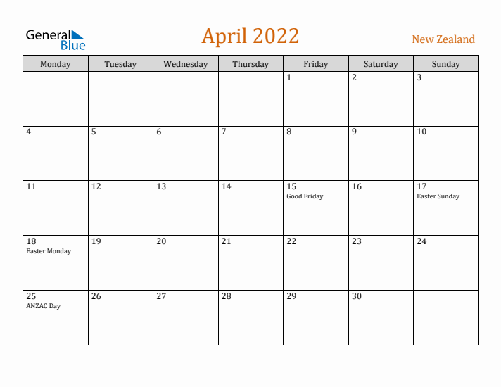 April 2022 Holiday Calendar with Monday Start