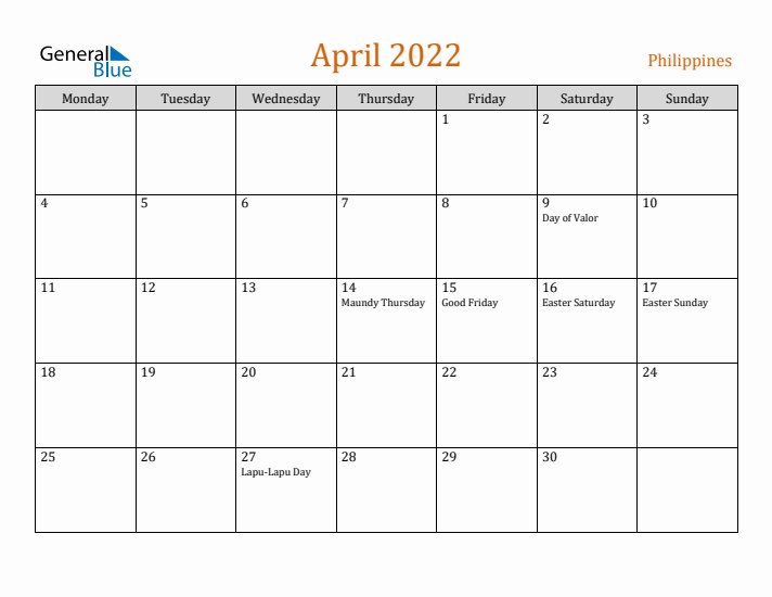 April 2022 Holiday Calendar with Monday Start