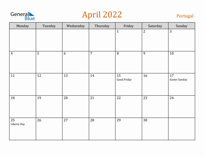 April 2022 Holiday Calendar with Monday Start