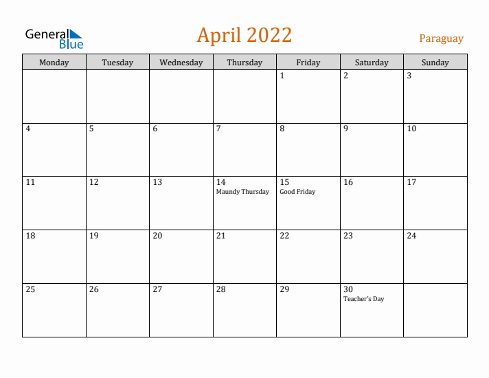 April 2022 Holiday Calendar with Monday Start