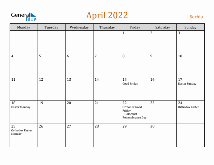 April 2022 Holiday Calendar with Monday Start