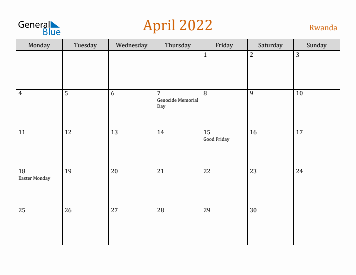 April 2022 Holiday Calendar with Monday Start