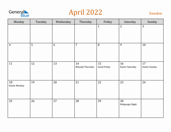 April 2022 Holiday Calendar with Monday Start