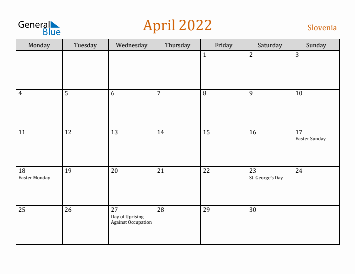 April 2022 Holiday Calendar with Monday Start