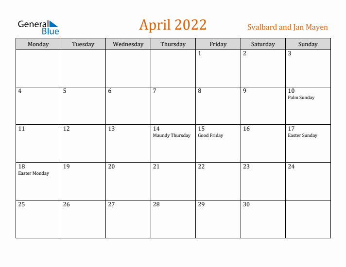 April 2022 Holiday Calendar with Monday Start