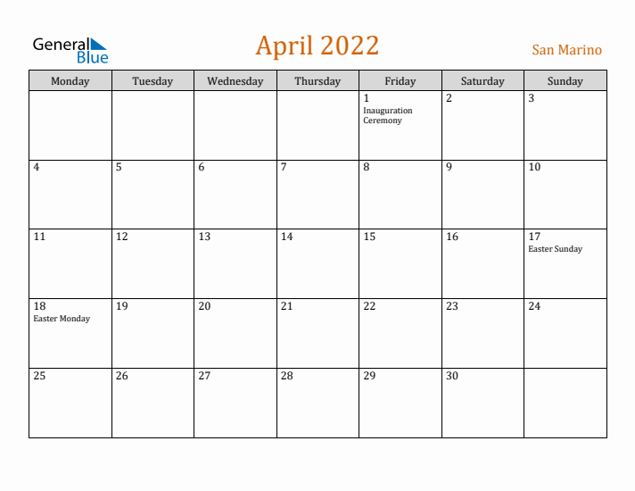 April 2022 Holiday Calendar with Monday Start