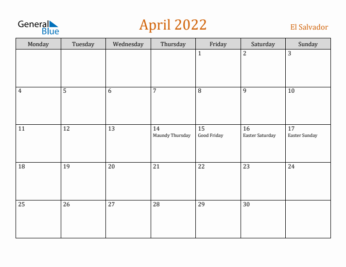 April 2022 Holiday Calendar with Monday Start