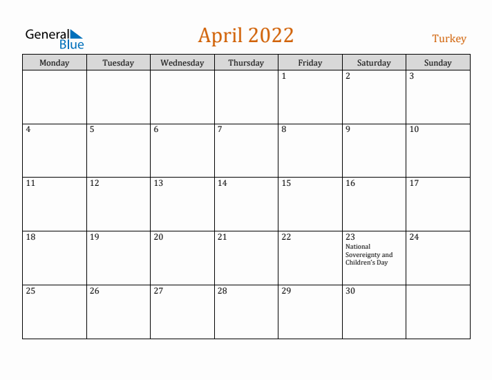 April 2022 Holiday Calendar with Monday Start