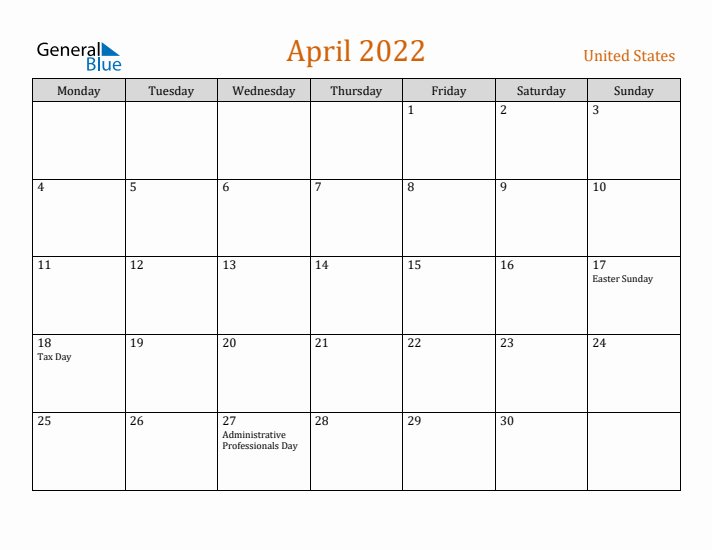 April 2022 Holiday Calendar with Monday Start