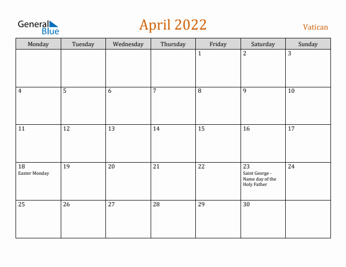 April 2022 Holiday Calendar with Monday Start