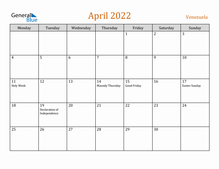 April 2022 Holiday Calendar with Monday Start