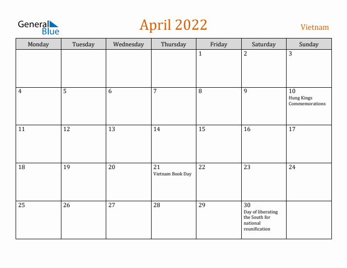 April 2022 Holiday Calendar with Monday Start