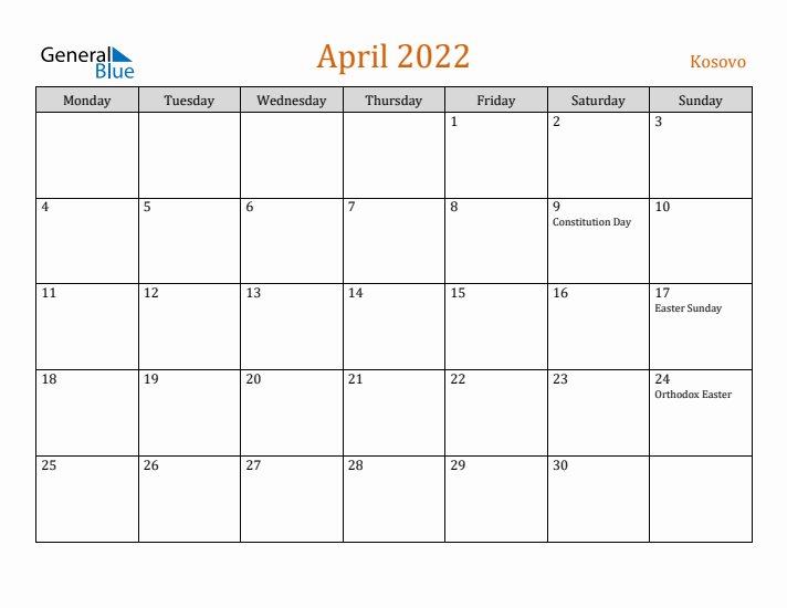 April 2022 Holiday Calendar with Monday Start