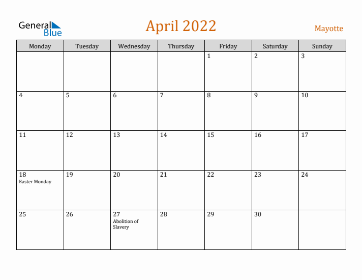 April 2022 Holiday Calendar with Monday Start