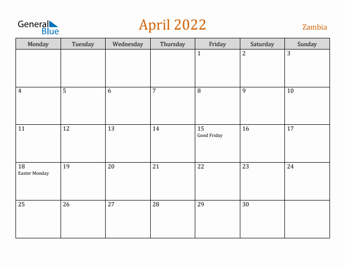 April 2022 Holiday Calendar with Monday Start