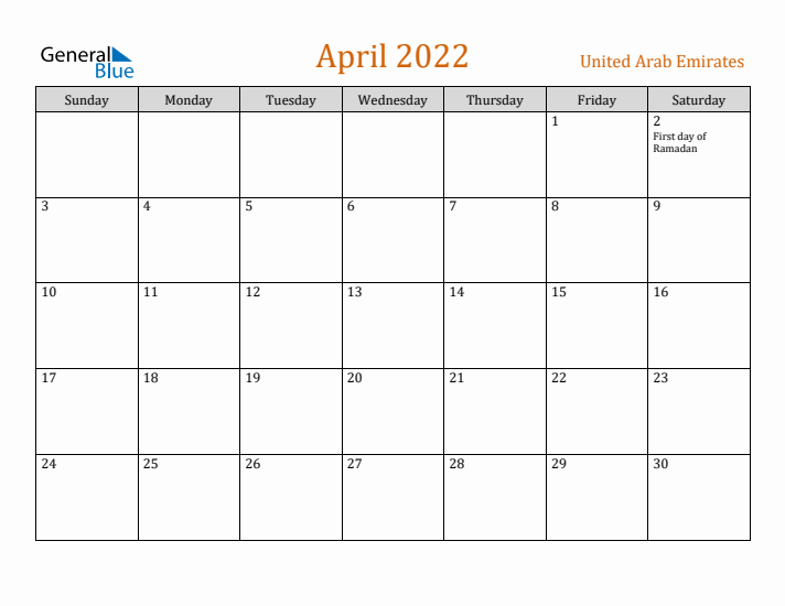 April 2022 Holiday Calendar with Sunday Start