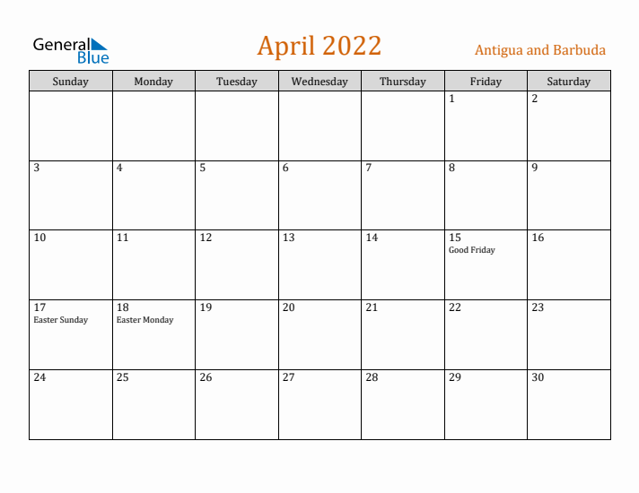 April 2022 Holiday Calendar with Sunday Start