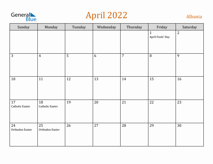 April 2022 Holiday Calendar with Sunday Start