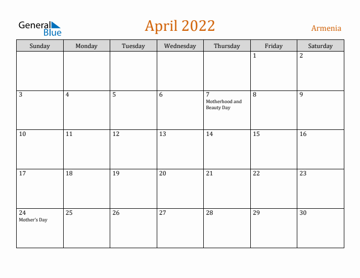 April 2022 Holiday Calendar with Sunday Start