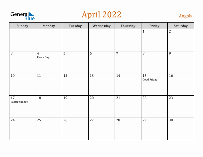 April 2022 Holiday Calendar with Sunday Start