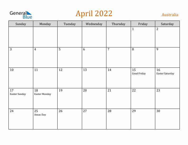 April 2022 Holiday Calendar with Sunday Start