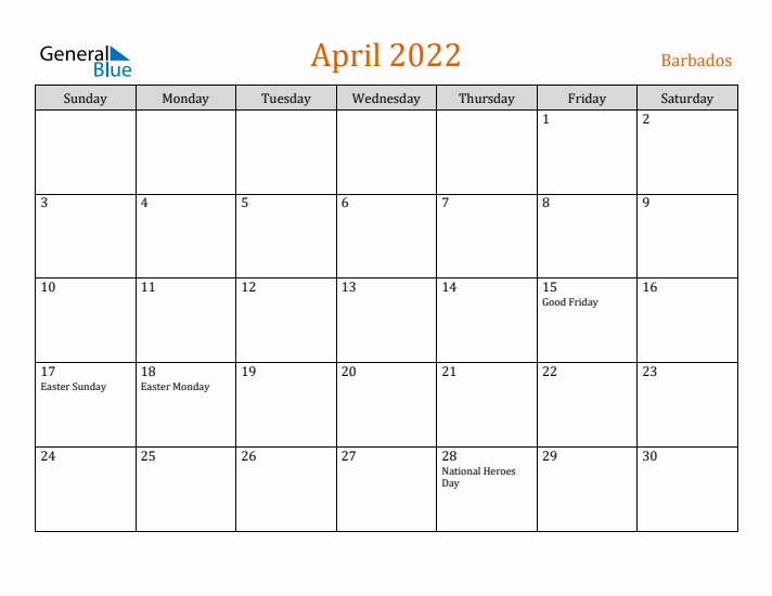 April 2022 Holiday Calendar with Sunday Start