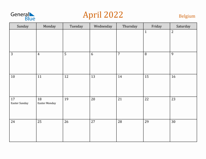 April 2022 Holiday Calendar with Sunday Start