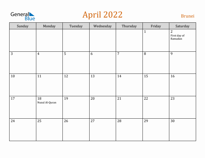 April 2022 Holiday Calendar with Sunday Start