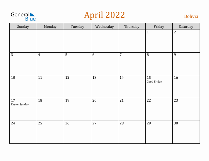 April 2022 Holiday Calendar with Sunday Start