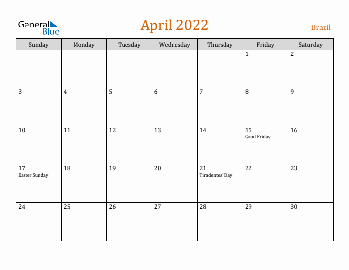 April 2022 Holiday Calendar with Sunday Start