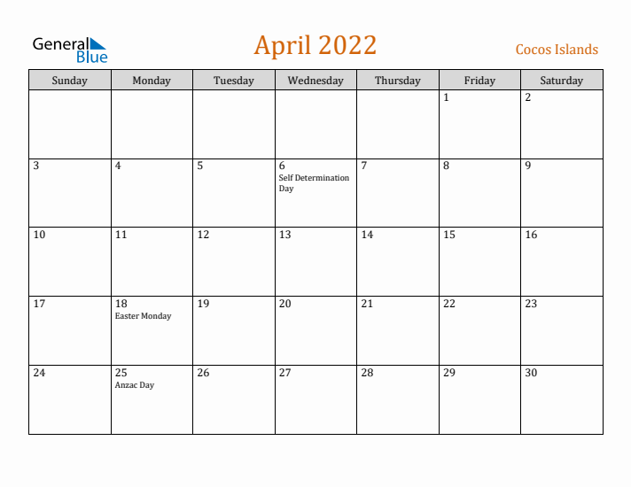 April 2022 Holiday Calendar with Sunday Start