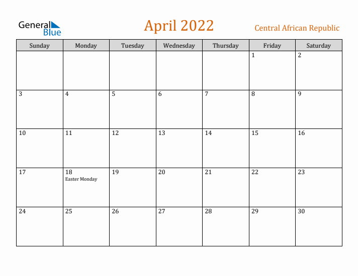 April 2022 Holiday Calendar with Sunday Start