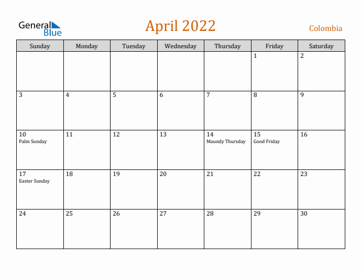 April 2022 Holiday Calendar with Sunday Start