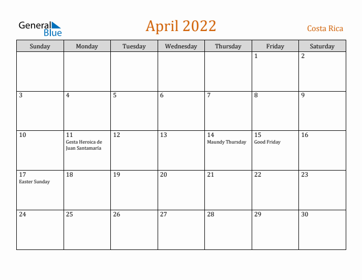 April 2022 Holiday Calendar with Sunday Start