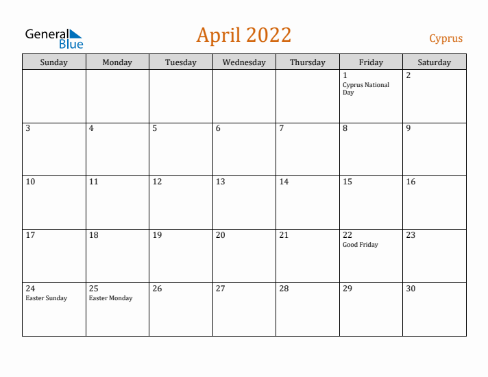 April 2022 Holiday Calendar with Sunday Start