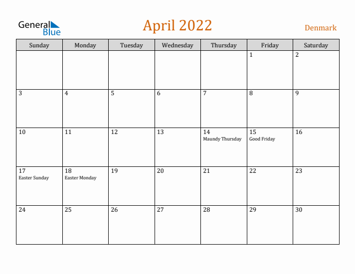 April 2022 Holiday Calendar with Sunday Start