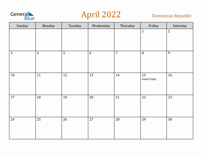 April 2022 Holiday Calendar with Sunday Start