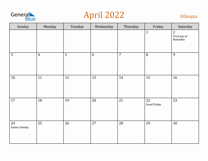 April 2022 Holiday Calendar with Sunday Start