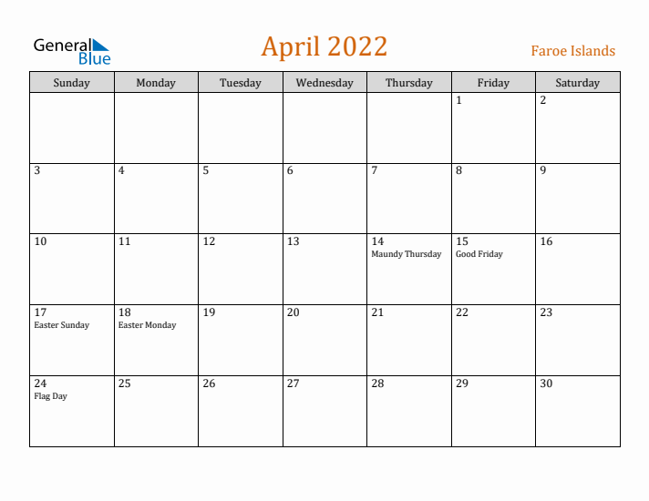 April 2022 Holiday Calendar with Sunday Start