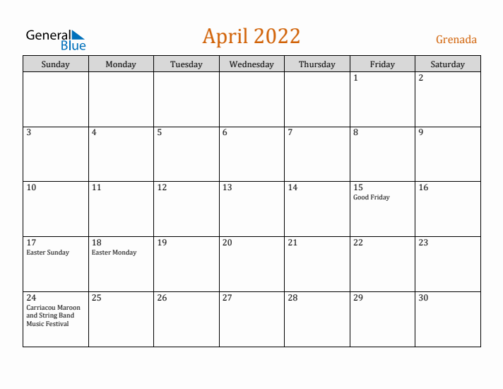 April 2022 Holiday Calendar with Sunday Start