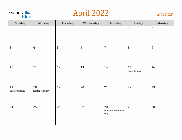 April 2022 Holiday Calendar with Sunday Start