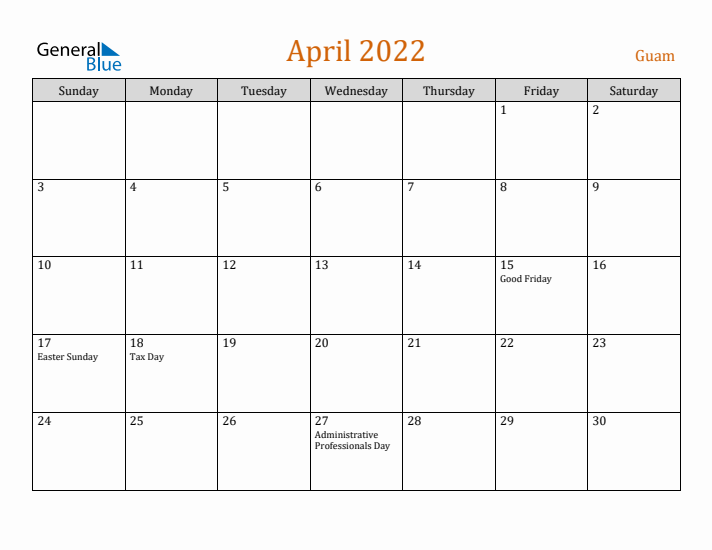 April 2022 Holiday Calendar with Sunday Start