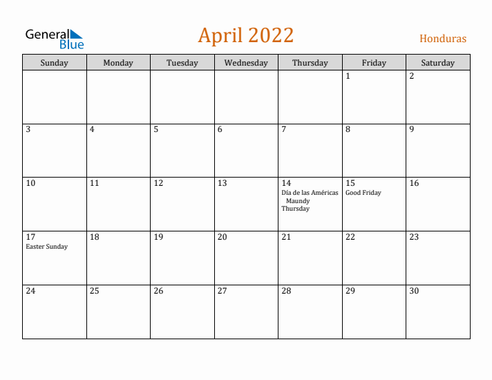 April 2022 Holiday Calendar with Sunday Start