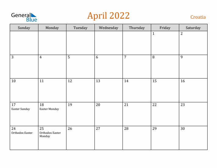 April 2022 Holiday Calendar with Sunday Start